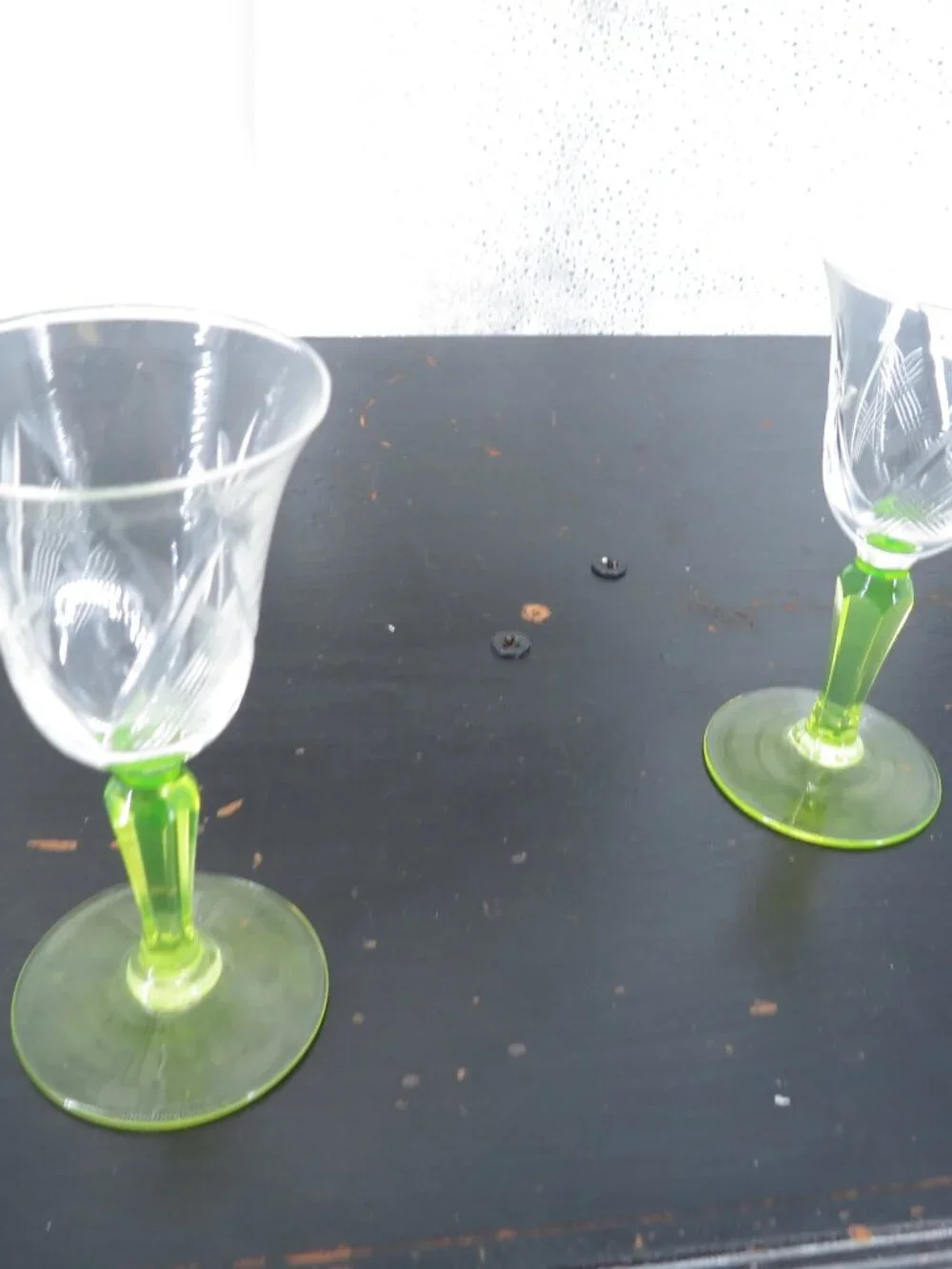 Vintage Green Stemmed Cordial Glasses 2 Cut Crystal Clear 4.5in Aperitif Glass